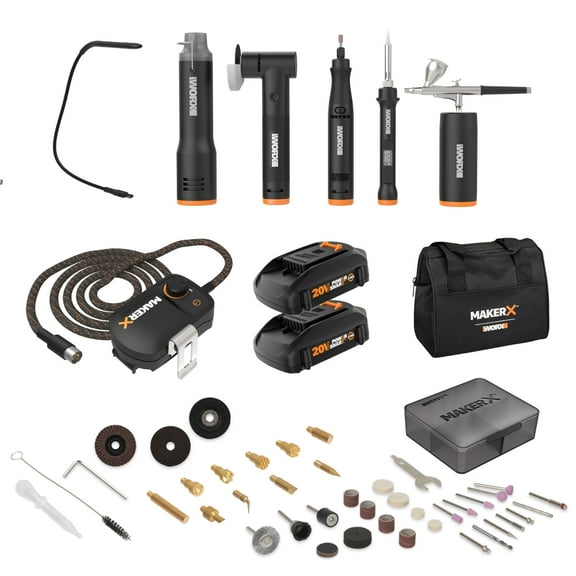 Worx MakerX WX996L 6 Tool Kit: Rotary Tool, Wood & Metal Crafter, Air Brush, Hot Air Blower, Grinder and LED Flex Light in Carry Bag