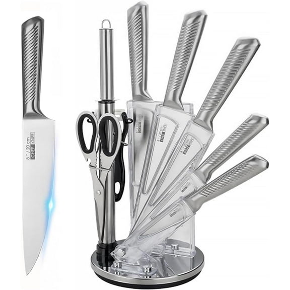 Kitchen Knife Set, 9-Pieces Knife Block Set with Rotating Block and Sharpener, Sharp Stainless Steel Chef Knife Set, Knives Set for Kitchen Home Apartment Dormitory, Gifts for Men Women