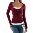 thumbnail image 2 of Lace Henley T-Shirts for Women Button Down Slim Fit Tops Long Sleeve V-Neck Tunic Top Blouse Wine Red S, 2 of 9