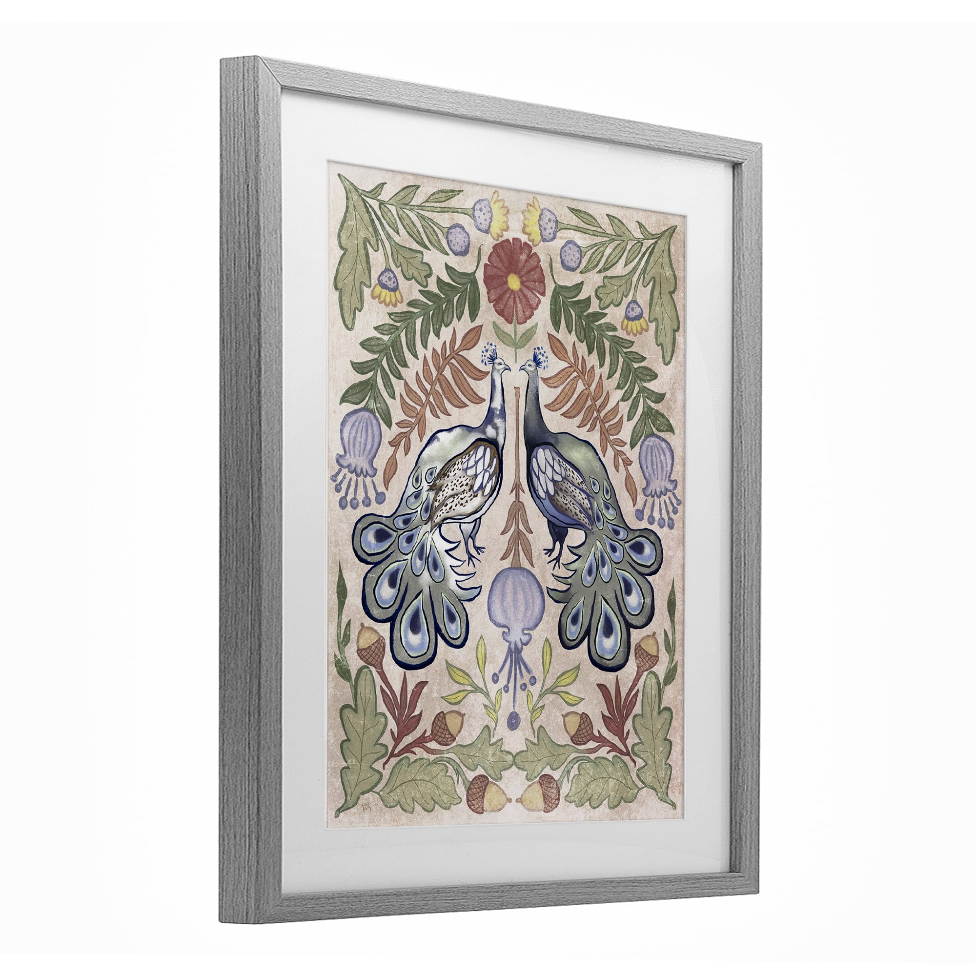 Stupell Industries Symmetrical Peacock & Flower Pattern Gray Framed Print Under Glass, design by Elizabeth Medley