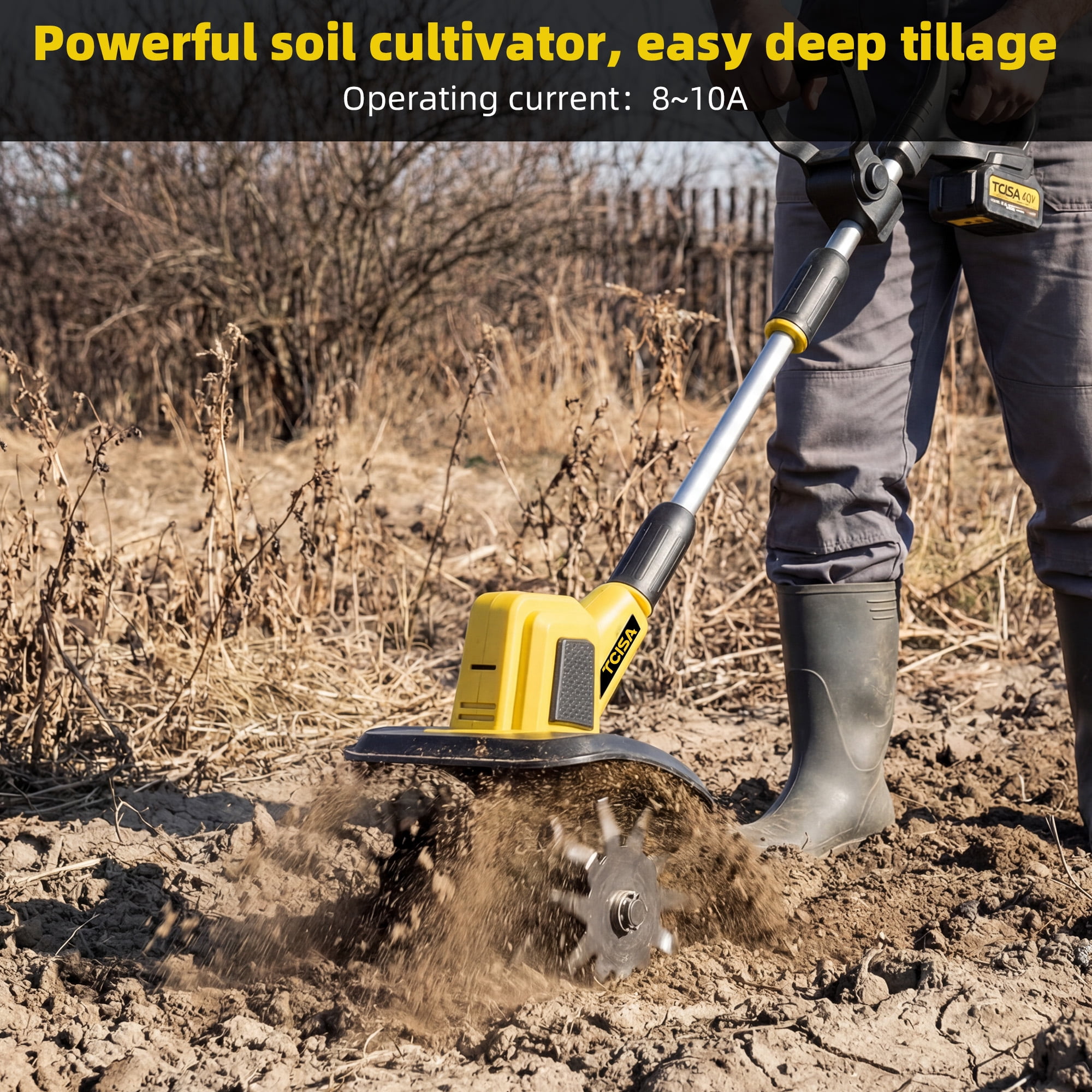 TCISA 20V Cordless Electric Tiller, 9-Inch Width, 300 RPM Battery Powered Garden Cultivator for Soil Tilling and Weeding