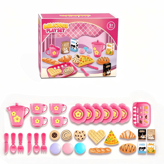 ZIOBLW Kids Kitchen Playset 33PCS, Pretend Play Cooking Toy Set, Tea Party Set for Toddlers Girls Boys, Play Kitchen Accessories, Role Play Food Toys, Indoor Learning Educational Gift