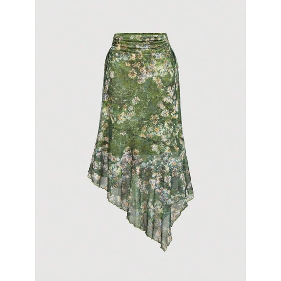 Green Vintage Floral Print Asymmetrical Hem Ruched Waist Flowy Skirt For Women