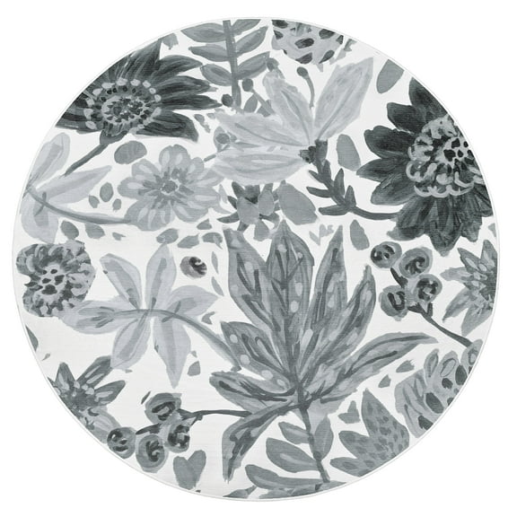 My Magic Carpet 6' Round Machine Washable Non-Slip Stain-Resistant Area Rug - Floral Bloom Grey