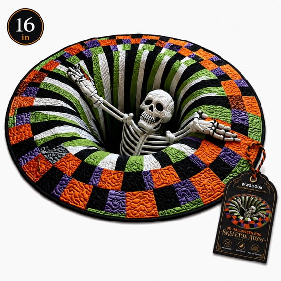 3D Halloween Rug Skeleton Optical Illusion Round Area Rug Candy Corn Abyss Quilted Floor Mat Soft Crystal Velvet Non Slip Carpet for Living Room Bedroom Halloween Party Decor