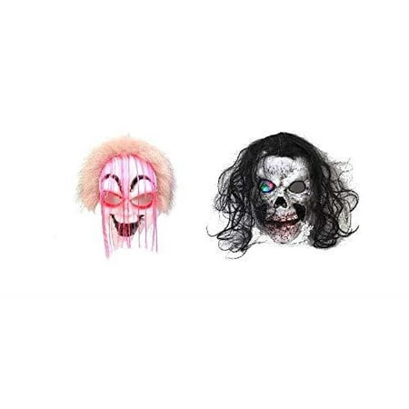 Creepy Clown Prop Elegantoss Pack of 2 Halloween Party Decoration Creepy Funny Clown Mask and Scary Skull Mask with Light-Up Eyes Prop for Horror Halloween Costume Cosplay (Pink Hair, Black Hair) ()