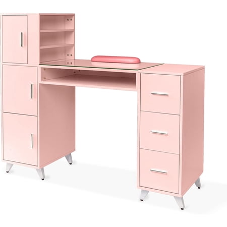OmySalon Manicure Table Nail Desk for Nail Tech w/Glass Top & Wrist Rest  Beauty Salon Nail Supplies Decor Acetone Resistant w/3 Side Cabinet+3 Drawers+3 Layers Open Cabinet+1 Open Drawer Pink