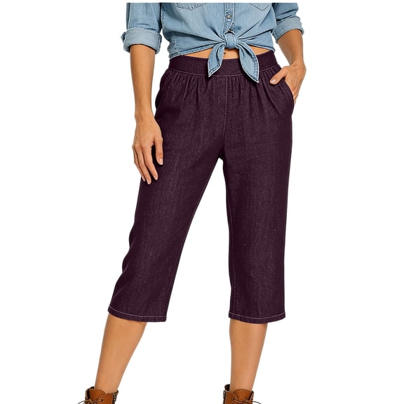 Riecok Capri Jeans for Women Stretchy Straight Leg Pant Solid Loose Pull on Pants Casual Trouser with Pockets