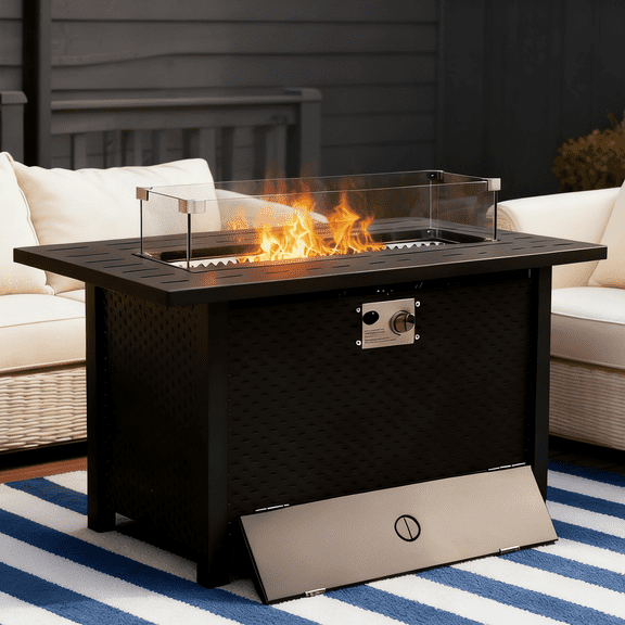 Dozzle 45" Square Propane Fire Table | 50,000 BTU High-Output Patio Heater with Tempered Glass Wind Guard & Sapphire Fire Glass, Durable Steel Tabletop & Weatherproof Cover for Patio, Deck