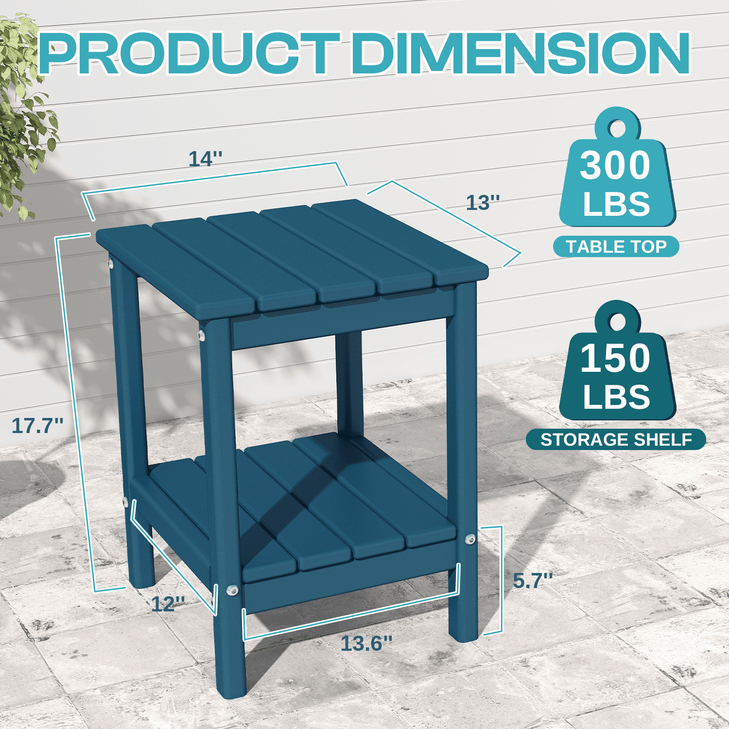 Pipopa Adirondack Outdoor Side Table Set of 2,HDPE All Weather Double Layer Patio Side Table,Rectangular End Table for Garden Balcony Pool,Blue