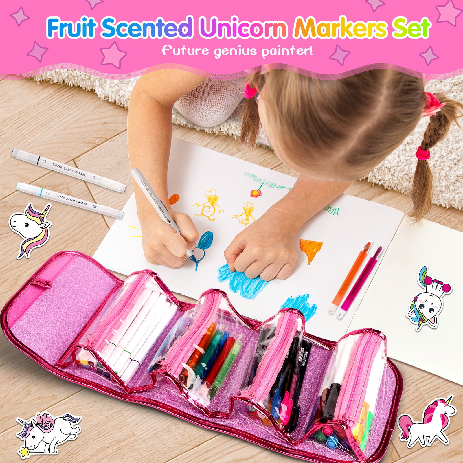 Freecat Pink Fruit Scented Markers Set for Girls, School Supply Kit 56 Pcs with Unicorn Pencil Case, Unicorn Birthday Christmas Gifts for Girls Ages 4