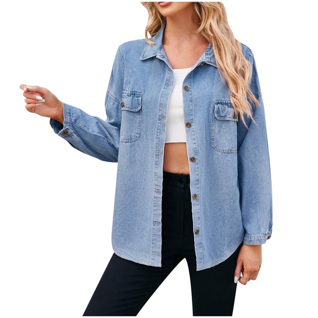 AherBiu Veste-Chemise en Jean pour Femmes à Manches Longues, Boutonnée, Col à Revers, Printemps, Décontractée, Veste en Denim, Manteau, Vêtement d'Extérieur