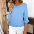 thumbnail image 2 of Wang6 Womens 3/4 Sleeve Tops Elegant Crew Neck Ruffle Trim Tshirts Ladies Causal Solid Going out Tees Shirts BU1 0713-3/4 sleeve tshirts XXL, 2 of 5