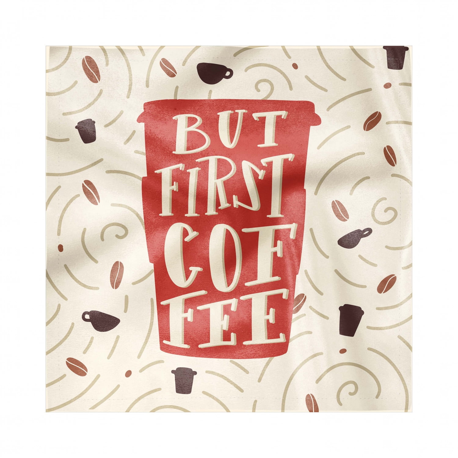 But First Coffee Napkins Set of 4, Pattern of Typographic Cup with Coffee Beans and Swirls
