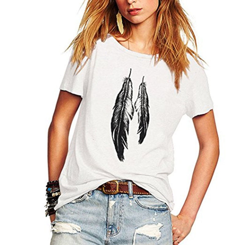 Vista - Women's Summer T Shirt Street Style Feathers Printed Short ...