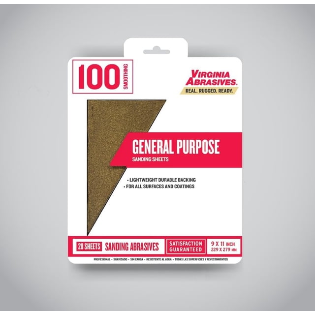 Hojas de lijar Virginia Abrasives, 9 x 11 pulgadas, 100 granos, paquete de 20