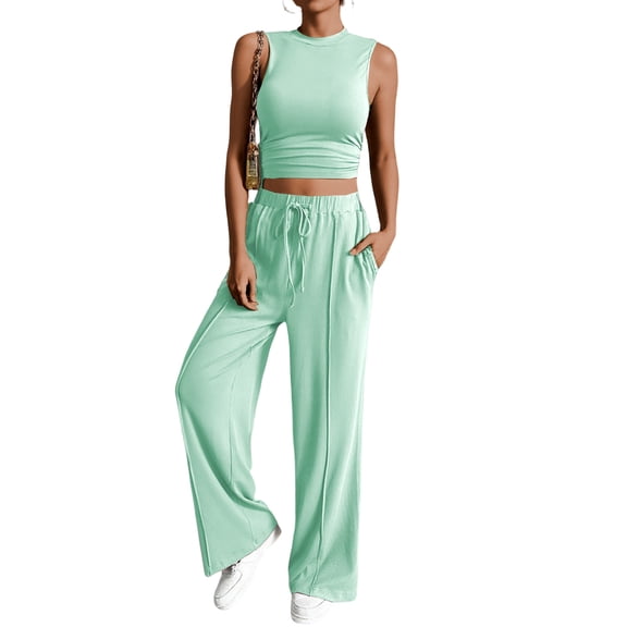 Women's Casual Striped Wide Leg Pants Spring Summer Trousers Elasticated Waist Loose Sleeveless Vest Set
