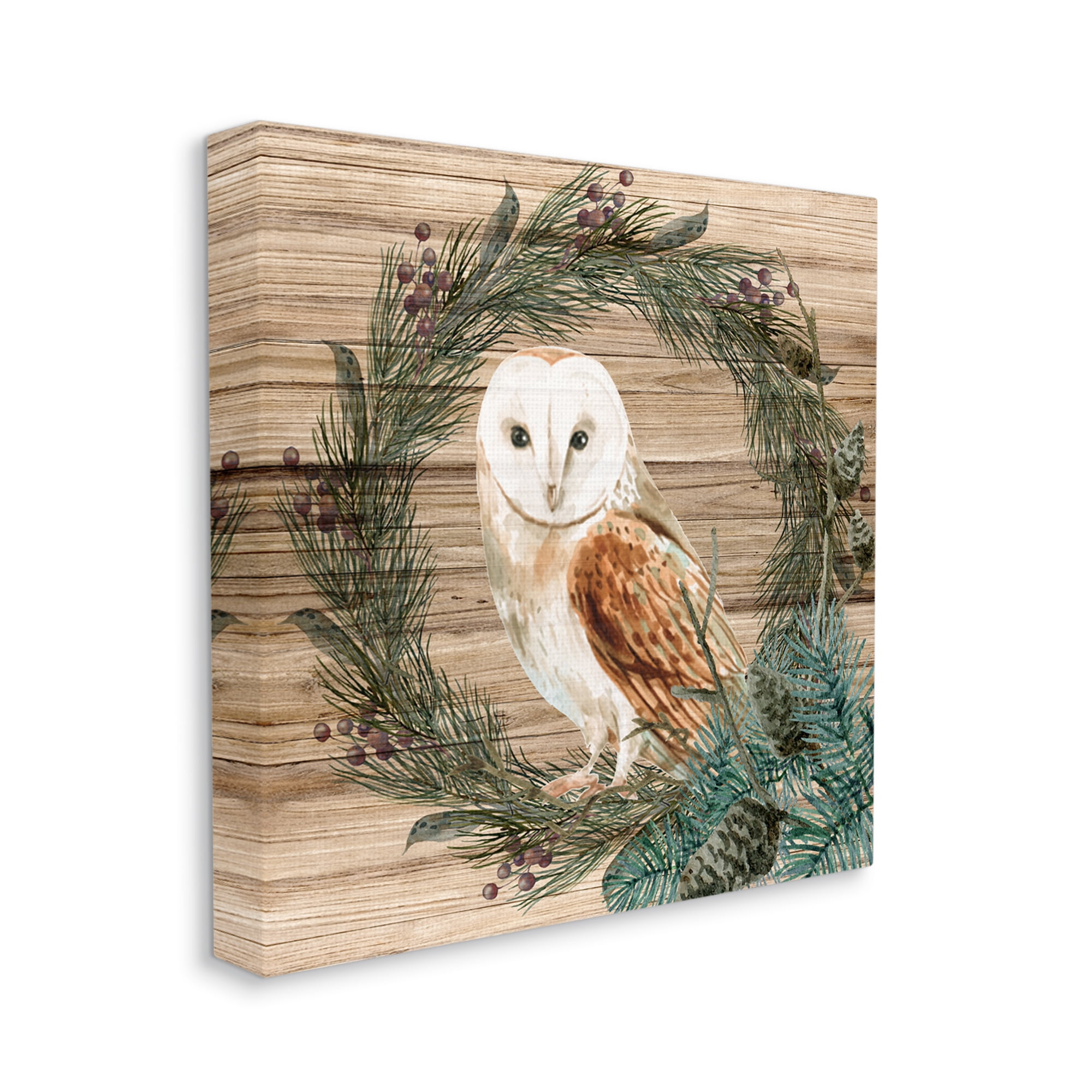 Stupell Industries Rustic Owl on Pine Wreath Botanical & Floral Painting Gallery Wrapped Canvas Print Wall Art, 24 x 24