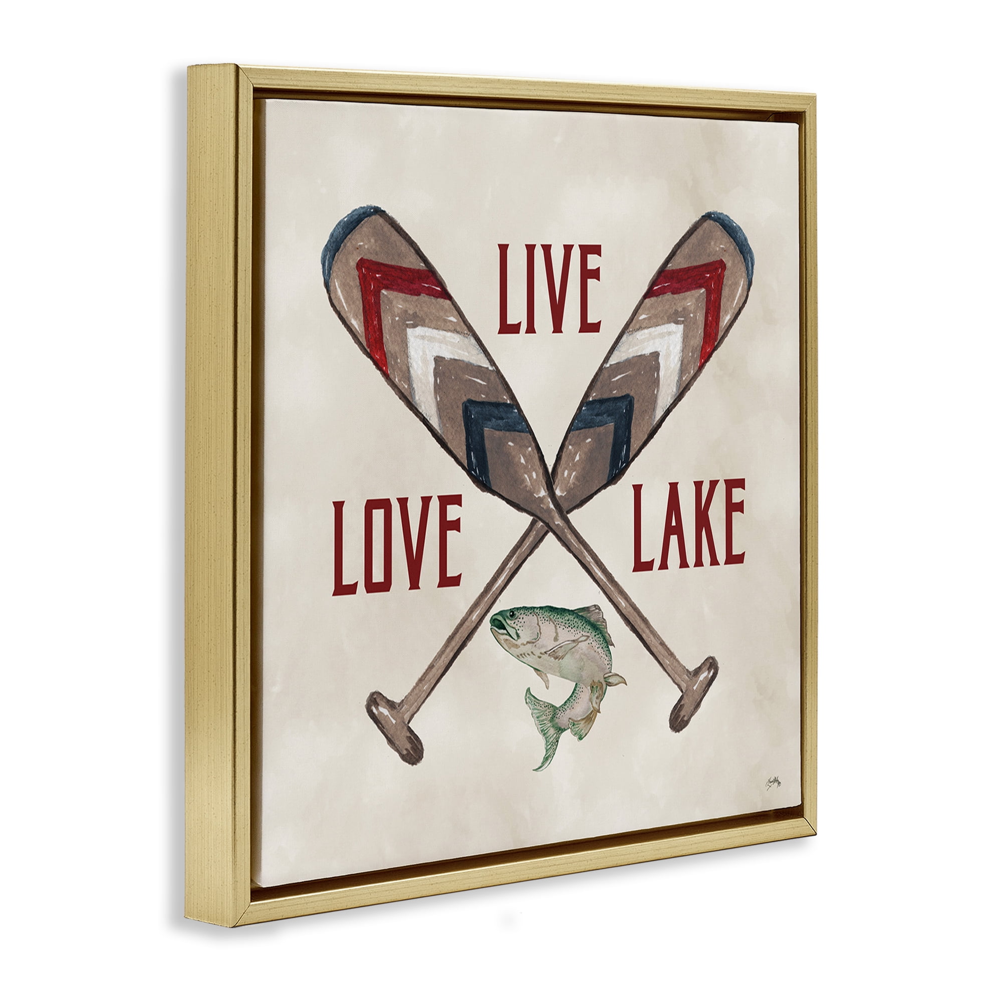 Stupell Industries Live Love Lake Oars Typography Painting Gold Floater Framed Canvas Art Print Wall Art, 18 x 18