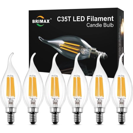 BRIMAX E12 Candelabra Base LED Bulbs, 6W (60W Equivalent) Dimmable Chandelier Light Bulbs, Flame Tip C35T Candle Bulbs, 2700K Soft White, 6-Pack