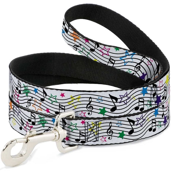 Buckle-Down Pet Leash, Dog Leash, Music Notes Stars White Black Multi Color, 4 Feet Long 1.0 Inch Wide