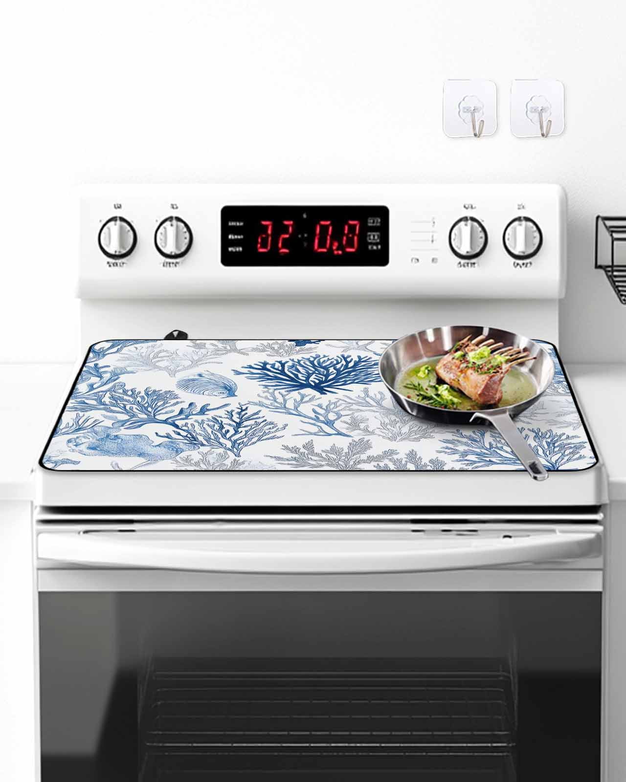 Stove Top Covers for Electric Stove, Ocean Coastal Coral Glass Stovetop Cover Protector, Blue Grey Abstract Flower Plant Fish Induction Cooktop Protector Oven Mat for Kitchen Countertop 24"x21"