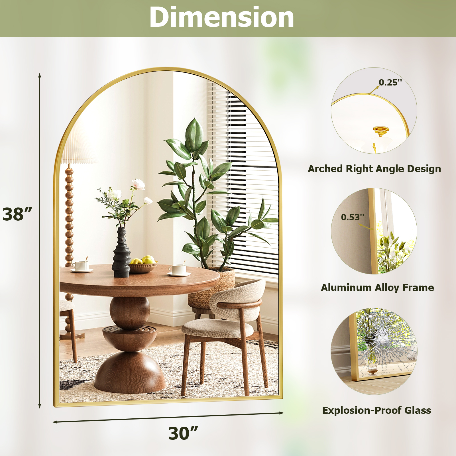 Gleamira 30"x38" Arched Bathroom Mirror Wall Mounted with Metal Frame, Gold