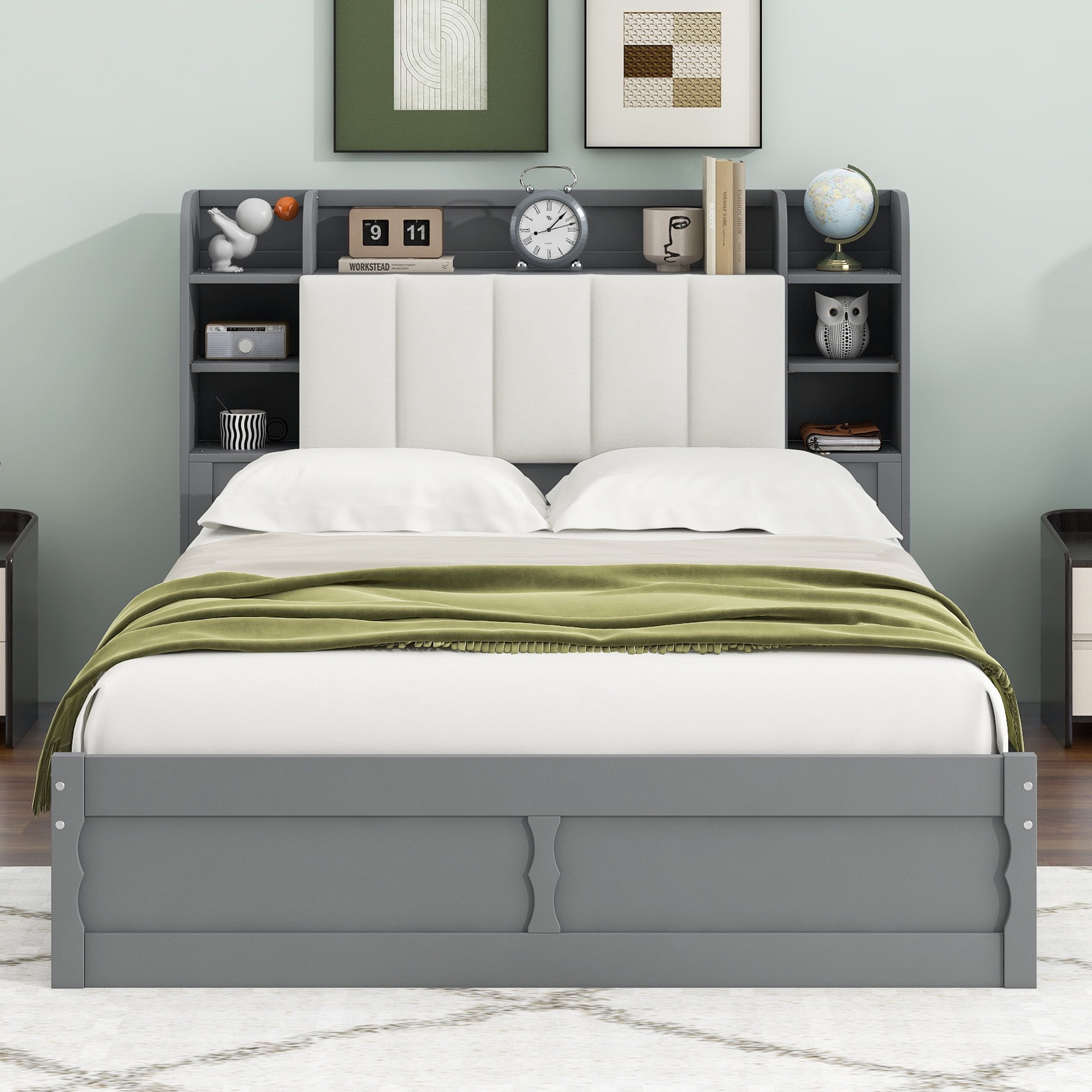 Euroco Wood Queen Size Platform Bed with Storage Headboard and 2 Drawers for Kids and Adults Bedroom, Gray