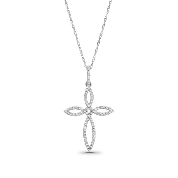 ARAIYA JEWELRY 10K White Gold Diamond Cross Pendant with Silver Chain Necklace for Women (1/4 Cttw, I-J Color, I2-I3 Clarity), 18"