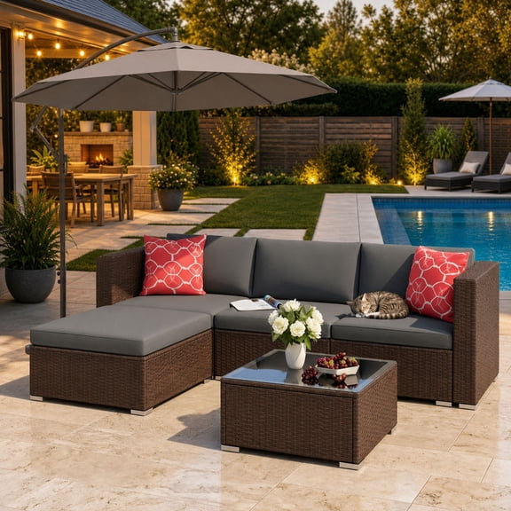 Aiho All-Weather 5 Pieces Outdoor Sectional Sofa with PE Rattan, Outdoor Patio Furniture Set with Soft Cushions and Coffee Table, For Backyard, Porch, Balcony, Poolside, Garden, Patio-Gray