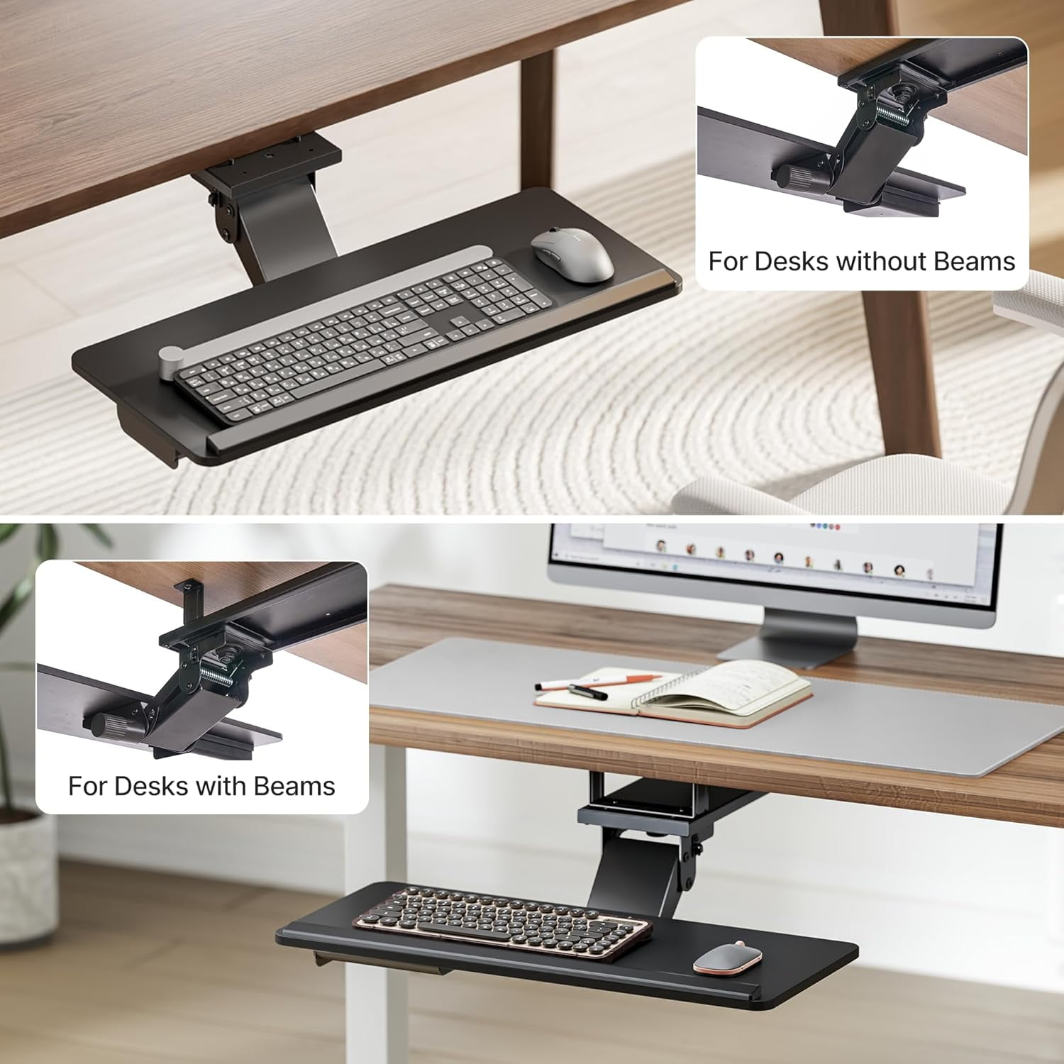 Humanmotion Keyboard Tray Under Desk with Storage Drawer, Height Adjustable Slide Out Swivel Tilt Ergonomic Mount Holder for Gaming Home Office, 25x11 Inches, Black