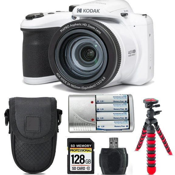 Kodak PIXPRO AZ405 Digital Camera (White)   Extra Battery  Tripod   Case -128GB Kit