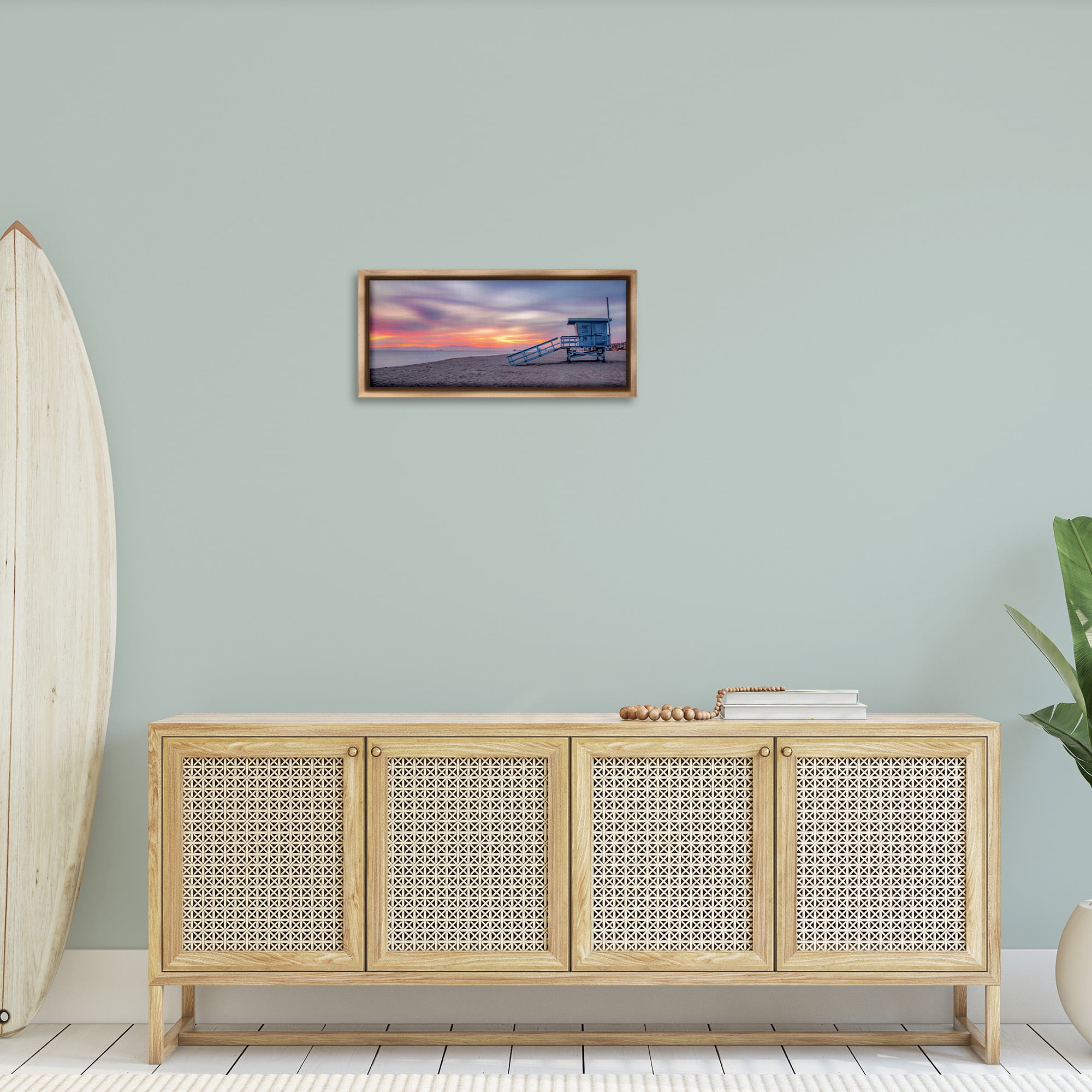 Stupell Industries Beach Hut Sunset Horizon Nature Photography Brown Floater Framed Canvas Art Print Wall Art, 25 x 11