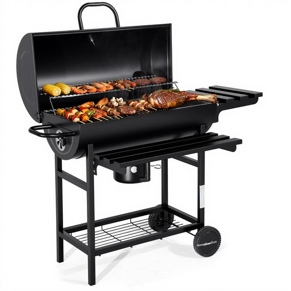 MASTER COOK Barrel Charcoal Grill with Foldable Shelf, Outdoor BBQ Smoker Grill with Thermometer and Adjustable Air Vents