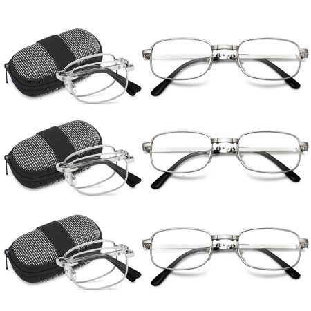 MAGIMODAC Compact Metal Reading Glasses Men Women Folding Mini Reader Small Case (3 Pcs Foldable Readers, +0.75)