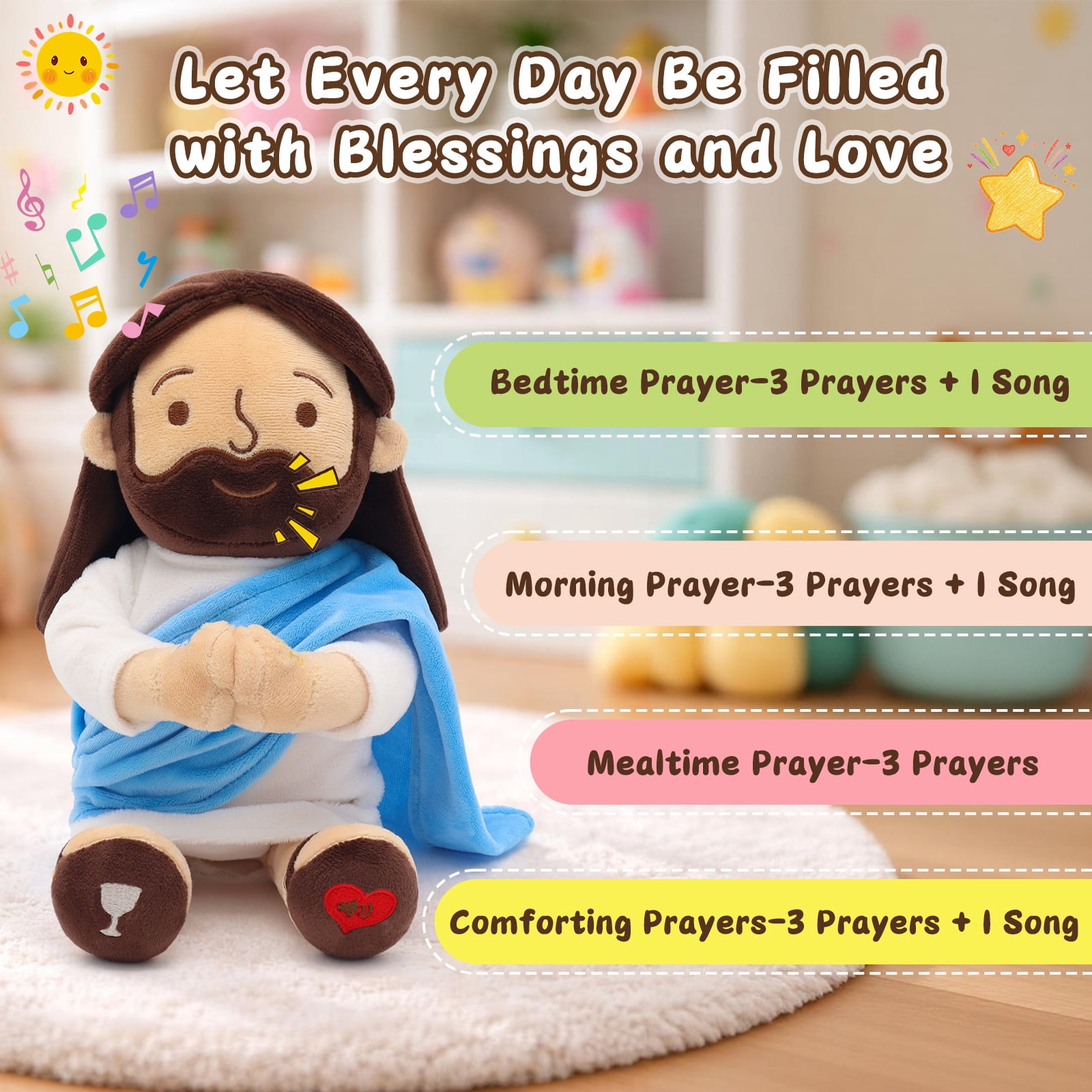 13" Praying Jesus Plush for Kids, Talking Jesus Plush Toy for Church Easter Gift, Jesus Stuffed Doll for Sunday School Religious and Baptisms Favors-Speaks 12 Prayers & 3 Songs