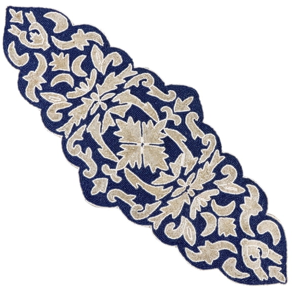 Glass Beaded Handmade Table Runner - Stylish Centerpiece for Parties and Weddings (Blue Silver)