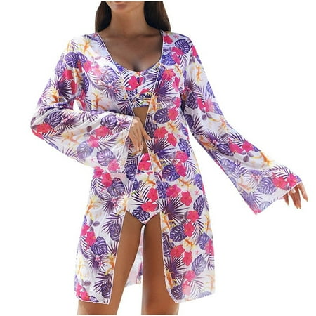 Wyobmus Women s 3 Piece Swimsuit Sets High Waisted Bikini Set With Shorts Bathing Suit With Summer Beach Sunscreen Cover Up Containing Chest Pad B-Purple