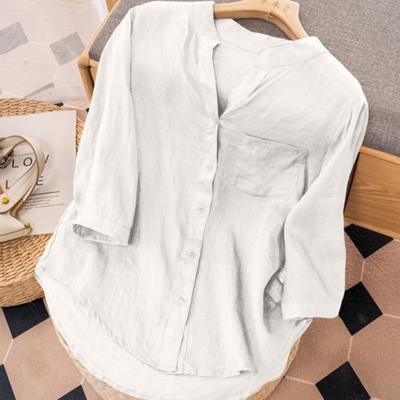 Warop Women's 3/4 Sleeve Tops Cardigan V-Neck Button-Up Casual Loose Fit Blouses