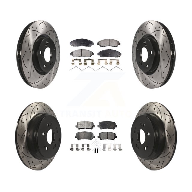 Transit Auto Front Rear Coated Drilled Slotted Disc Brake Rotors and Semi-Metallic Pads Kit for Car Honda Pilot Acura MDX ZDX KDF-100322