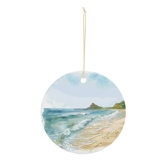 Coastal Beach Scene Christmas ornament, Christmas decoration, holiday present idea, heirloom keepsake, round ceramic, gift Exchange, bauble present, gift idea