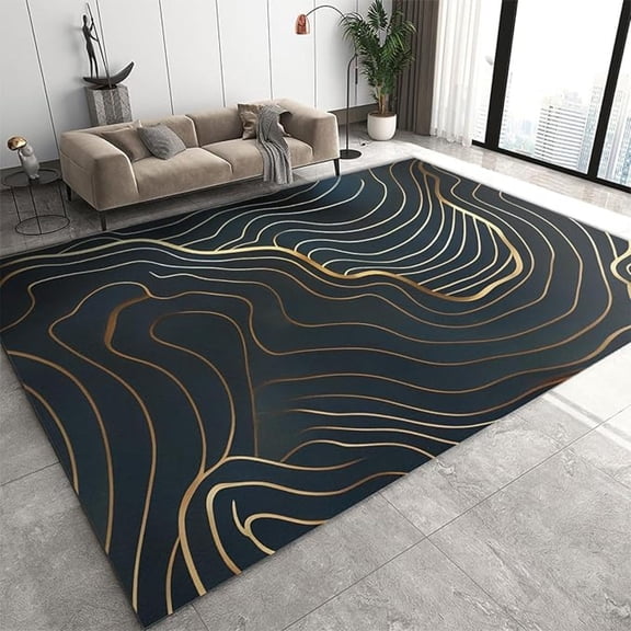 Black And Gold Geometric Rugs For Living Room Abstract Wavy Line Art Area Rug For Bedroom, Easy Clean Carpet With Anti-Slip Backing For Bedroom Living Room Dining Room Office 2x3ft