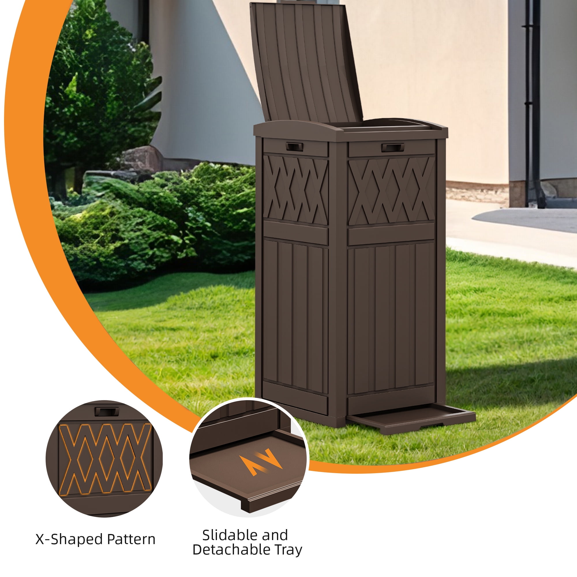 Uforic 31 Gallon Outdoor Trash Can, Waterproof Resin Garbage Bin with Drip Tray & Lid, Trash Bin, for Porch, Backyard, Dark Brown