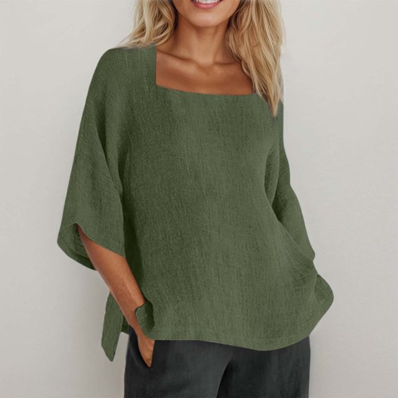 Letdown Women's Casual Short Sleeve Loose Blouse Square Neck Solid Color Summer Beach Vacation Top (GN2,S)