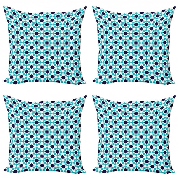 Geometric Throw Pillow Cushion Case Pack of 4, Vintage Style Moroccan Stars and Squares Pattern, Modern Accent Double-Sided Print, 4 Sizes, Dark Seafoam White, by Ambesonne