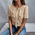 thumbnail image 3 of WAGUTH Women's Elegant Ruffle Front Blouses Short Sleeve Round Neck Solid Color Tops for Casual & Office Business Wear,Khaki,XL, 3 of 7