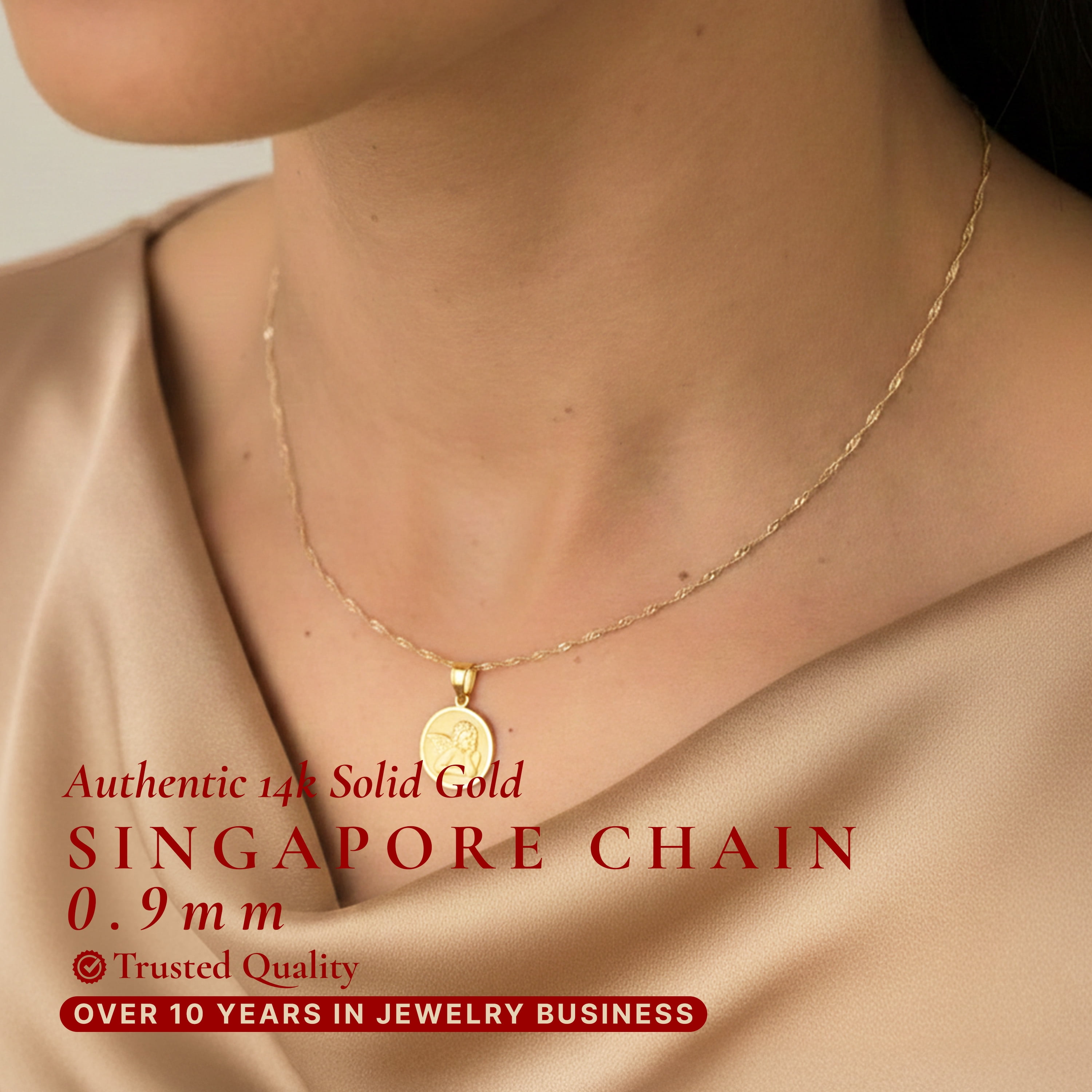 Ioka - 14K Yellow Solid Gold 0.9mm Singapore Chain Necklace with Spring Ring Clasp - 18"