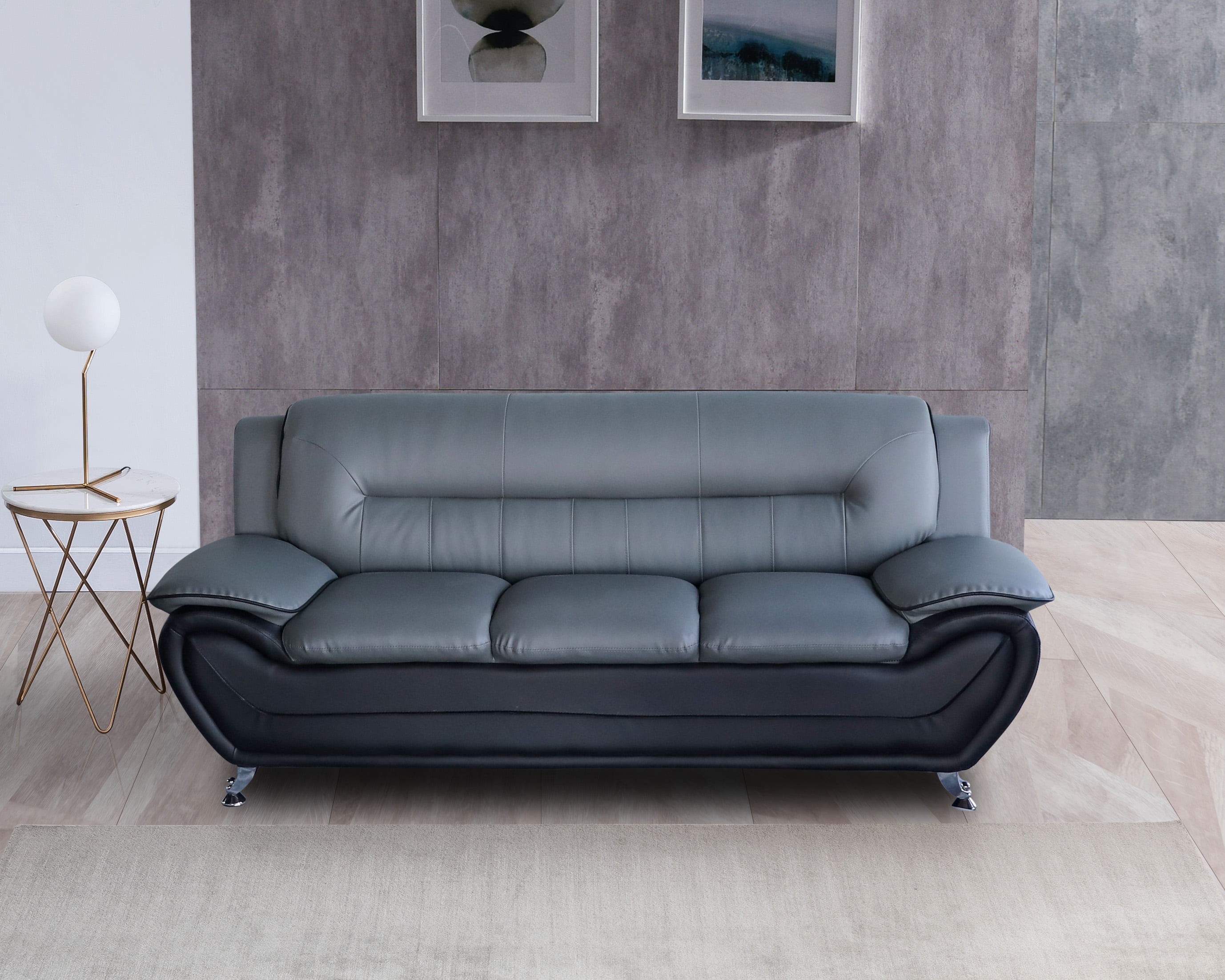 Norton GrayBlack Faux Leather Modern Living Room Sofa 