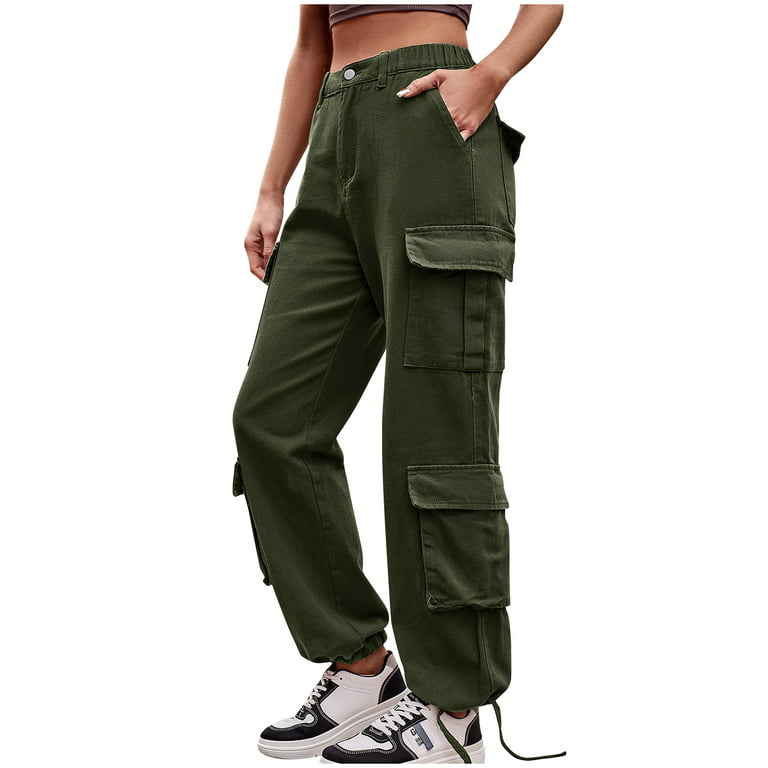 HIMIWAY Cargo Pants Women Palazzo Pants for Women Women's Fashion Casual  Solid Color Drawstring Jeans Overalls Sports Pants Army Green D L 