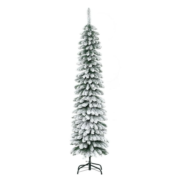6ft Snow-Flocked Christmas Tree, Slim Pencil Xmas Tree with 395 Realistic Branches & Metal Base, Green
